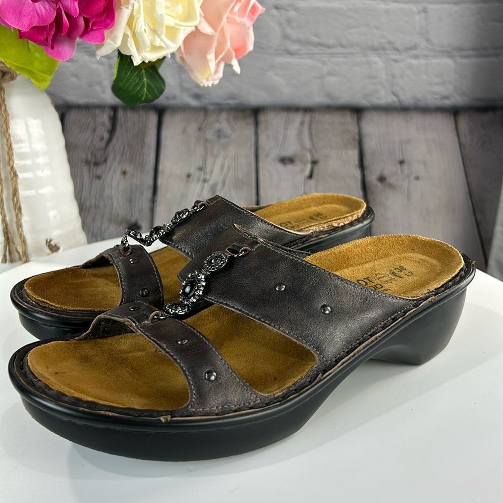NAOT Deep Metallic Pewter Leather Jeweled Open Toe Slip On Low Wedge Sandals